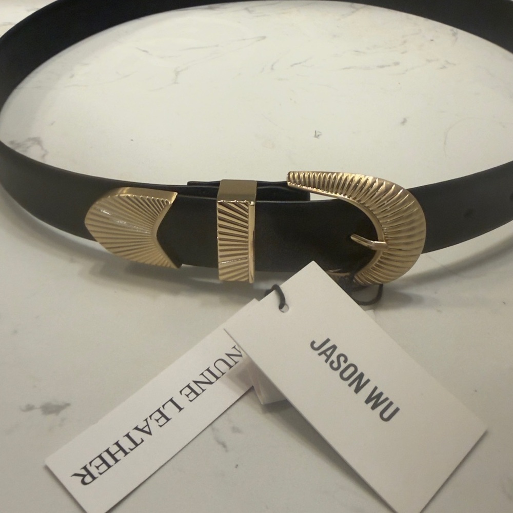 Jason Wu Black Leather Gold Buckle Women’s Leather Belt Large New - Picture 2 of 6